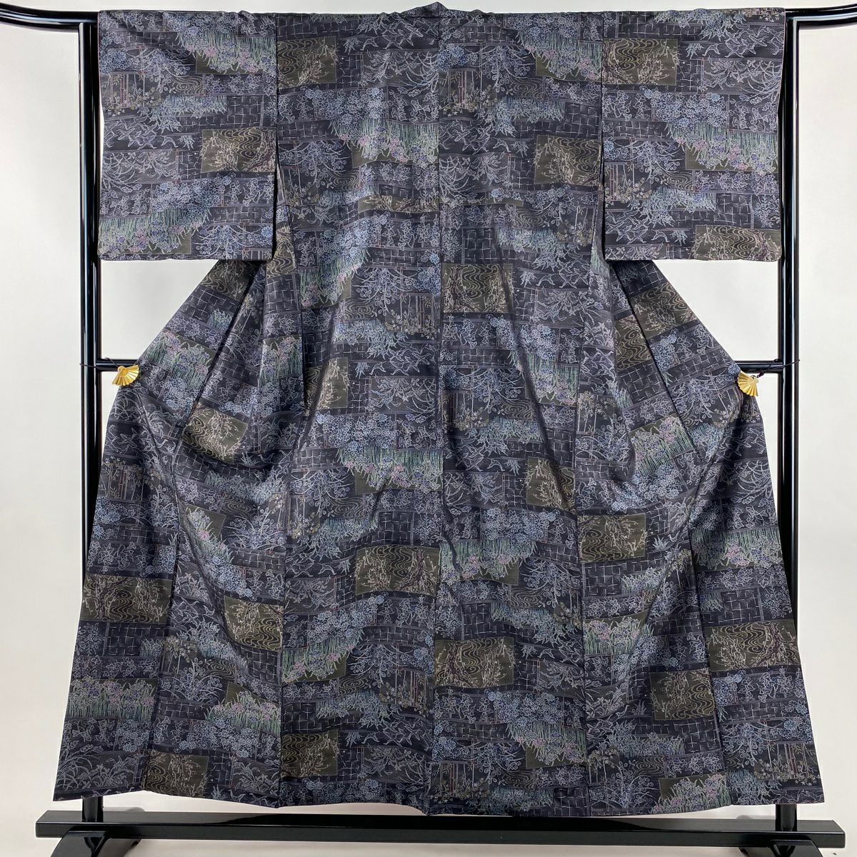 【美品】 大島紬織 身長156cm 袖長64cm M 雙層 證書附帶 草花紋紋 鳥 深紫 純蠶絲 逸品級