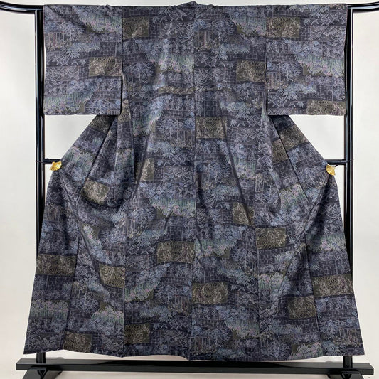【美品】 大島紬織 身長156cm 袖長64cm M 雙層 證書附帶 草花紋紋 鳥 深紫 純蠶絲 逸品級