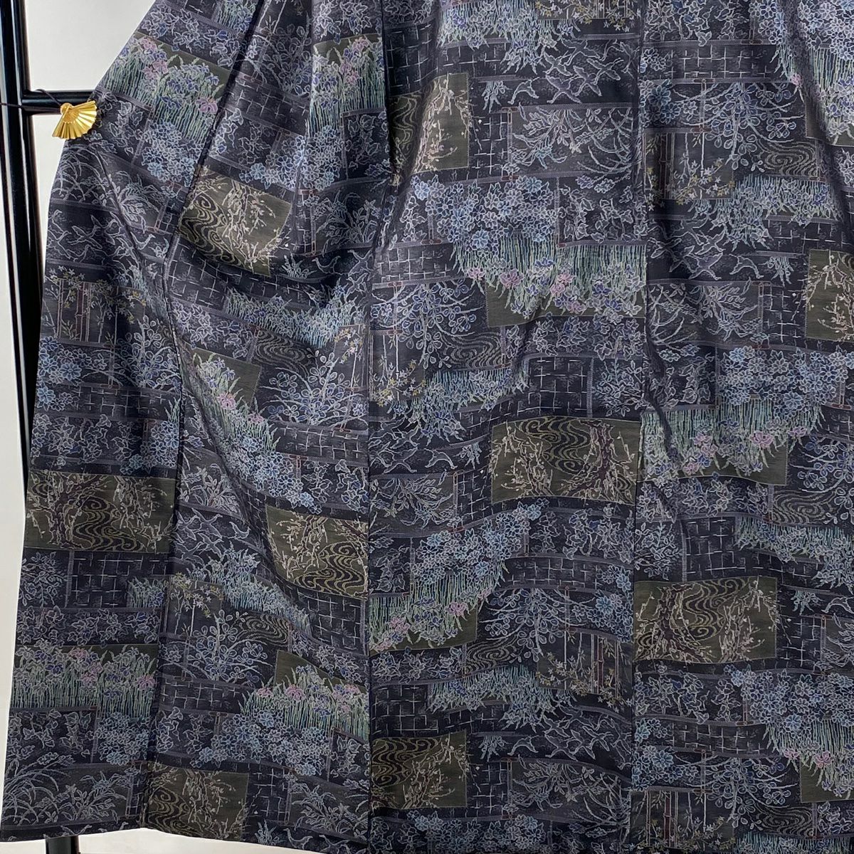 【美品】 大島紬織 身長156cm 袖長64cm M 雙層 證書附帶 草花紋紋 鳥 深紫 純蠶絲 逸品級