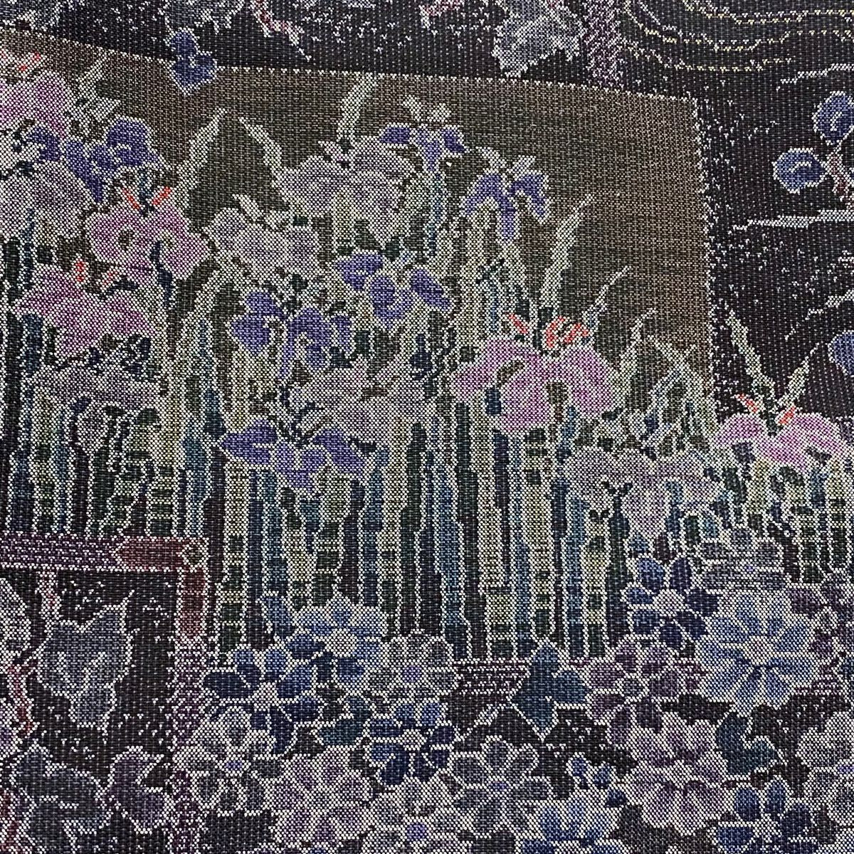 【美品】 大島紬織 身長156cm 袖長64cm M 雙層 證書附帶 草花紋紋 鳥 深紫 純蠶絲 逸品級