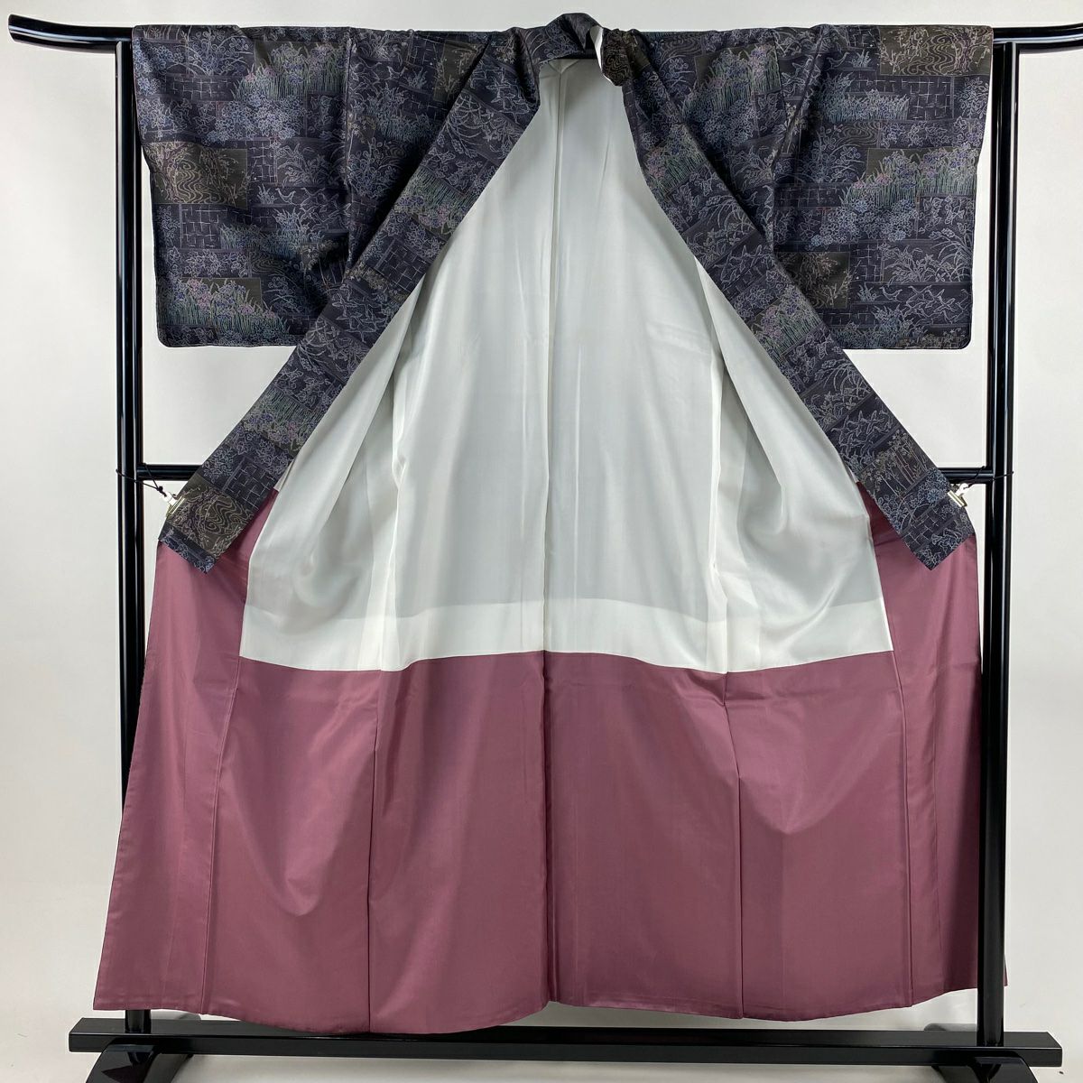 【美品】 大島紬織 身長156cm 袖長64cm M 雙層 證書附帶 草花紋紋 鳥 深紫 純蠶絲 逸品級