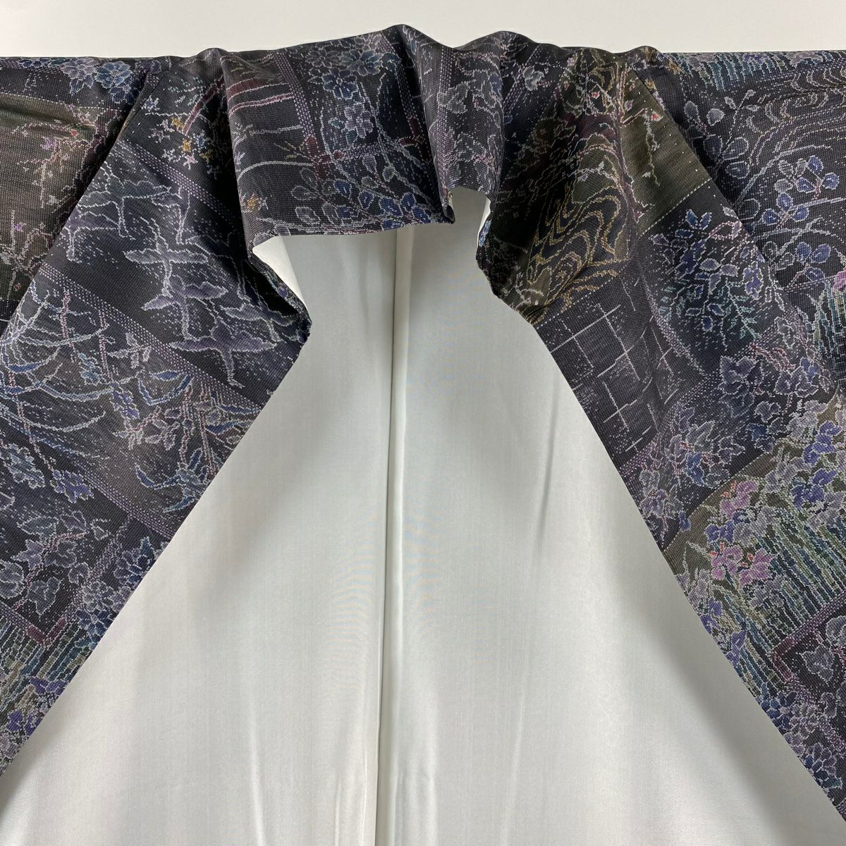 【美品】 大島紬織 身長156cm 袖長64cm M 雙層 證書附帶 草花紋紋 鳥 深紫 純蠶絲 逸品級