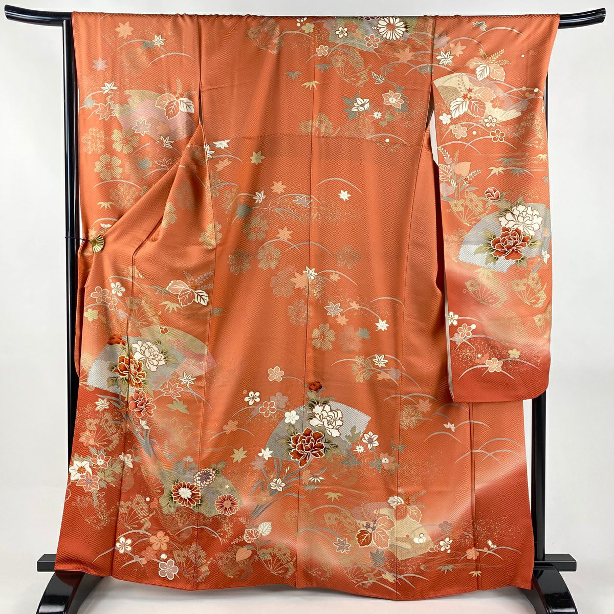 振袖禮服 身長164cm 袖長68cm L 雙層 扇子面 牡丹 金絲 金銀彩 鮭粉色 純蠶絲 秀品級