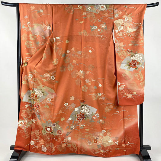 振袖禮服 身長164cm 袖長68cm L 雙層 扇子面 牡丹 金絲 金銀彩 鮭粉色 純蠶絲 秀品級