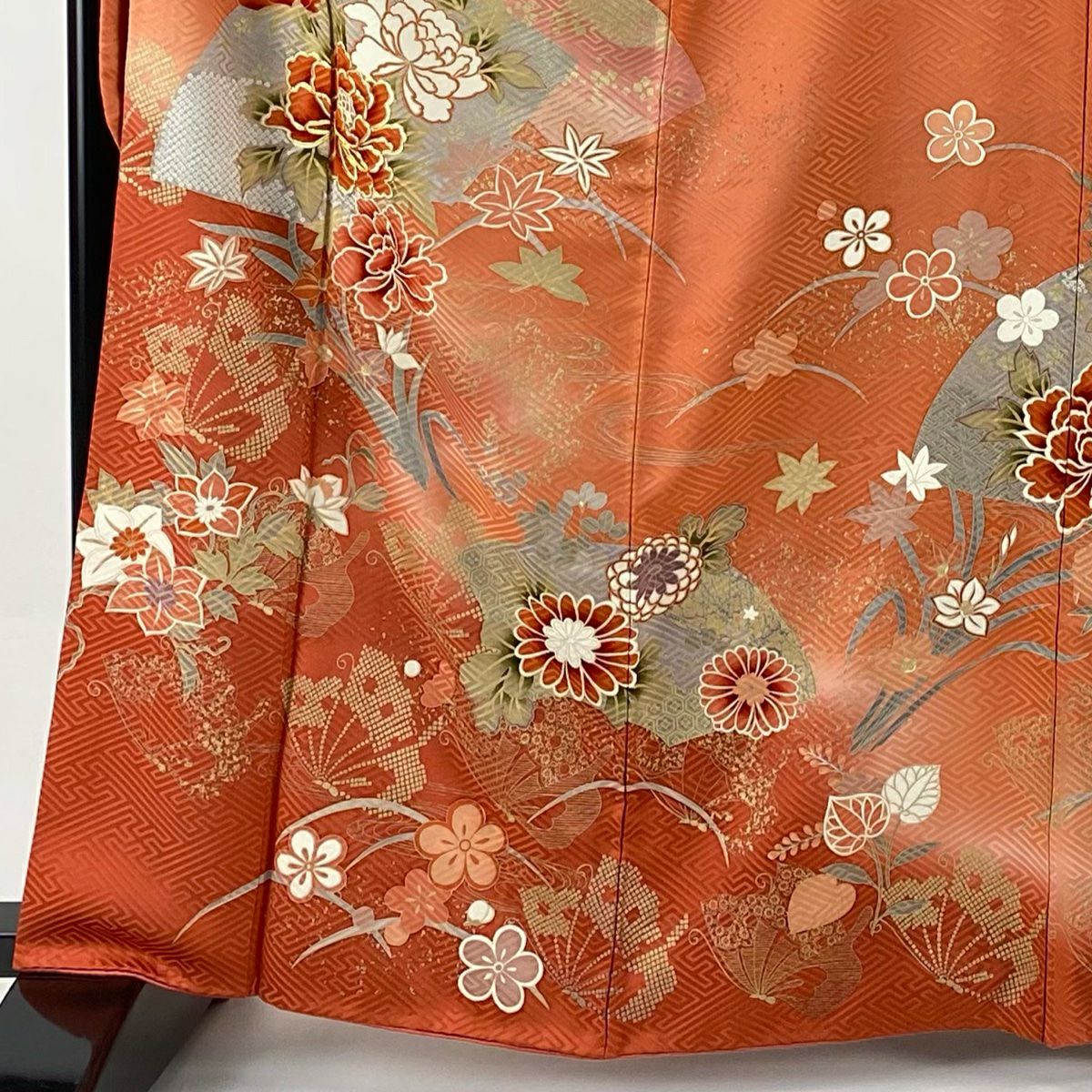 振袖禮服 身長164cm 袖長68cm L 雙層 扇子面 牡丹 金絲 金銀彩 鮭粉色 純蠶絲 秀品級