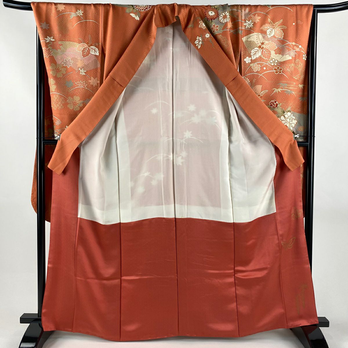 振袖禮服 身長164cm 袖長68cm L 雙層 扇子面 牡丹 金絲 金銀彩 鮭粉色 純蠶絲 秀品級