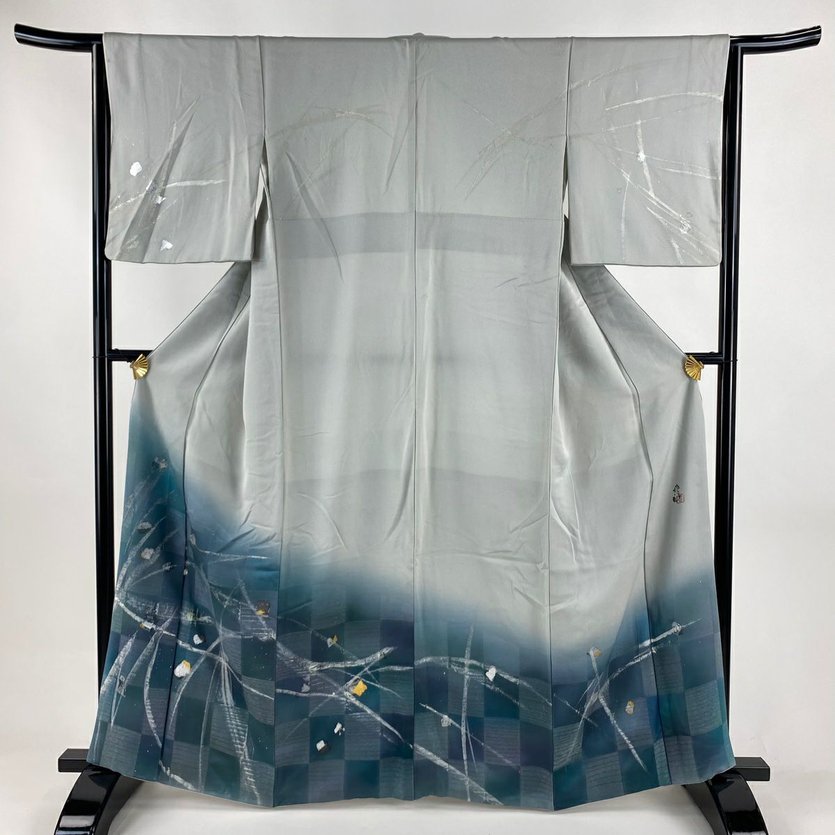 付下 身長164.5cm 袖長64cm M 雙層 落款有 幾何學 市松樹 金銀彩 銀線 灰色 純蠶絲 優品級