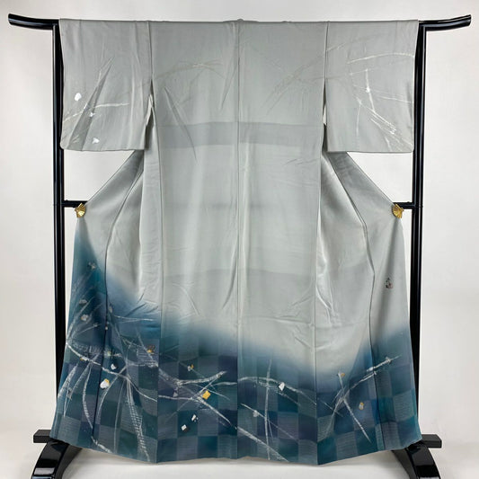 付下 身長164.5cm 袖長64cm M 雙層 落款有 幾何學 市松樹 金銀彩 銀線 灰色 純蠶絲 優品級