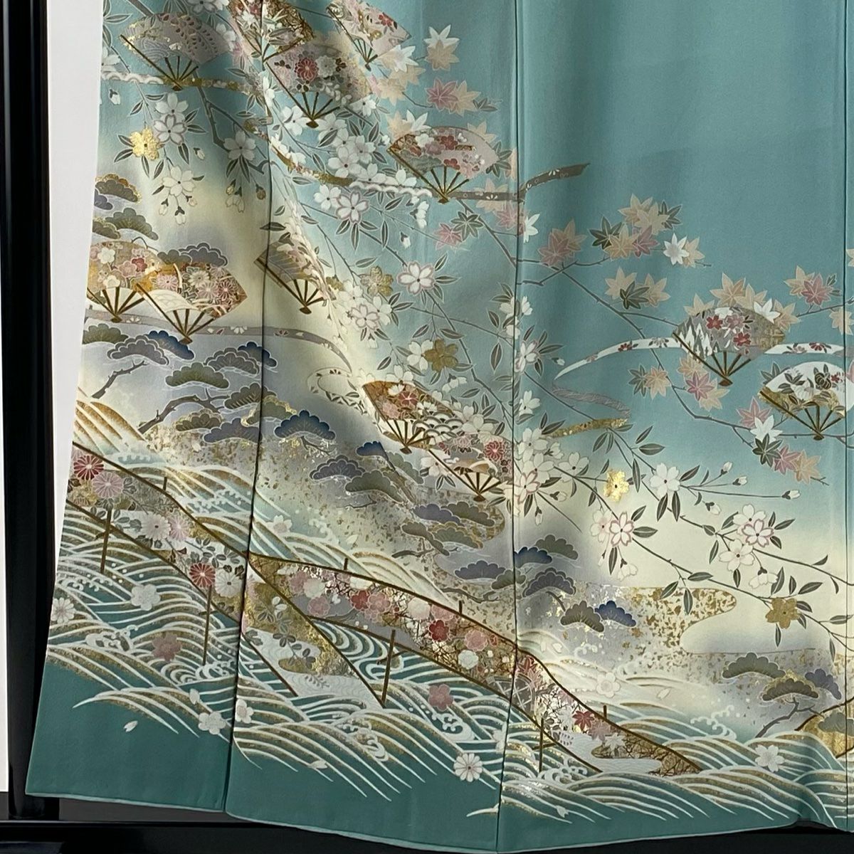 訪問服 身長156cm 袖長66cm M 雙層 扇子子 櫻花 金銀彩 漸層 水藍 純蠶絲 優品級