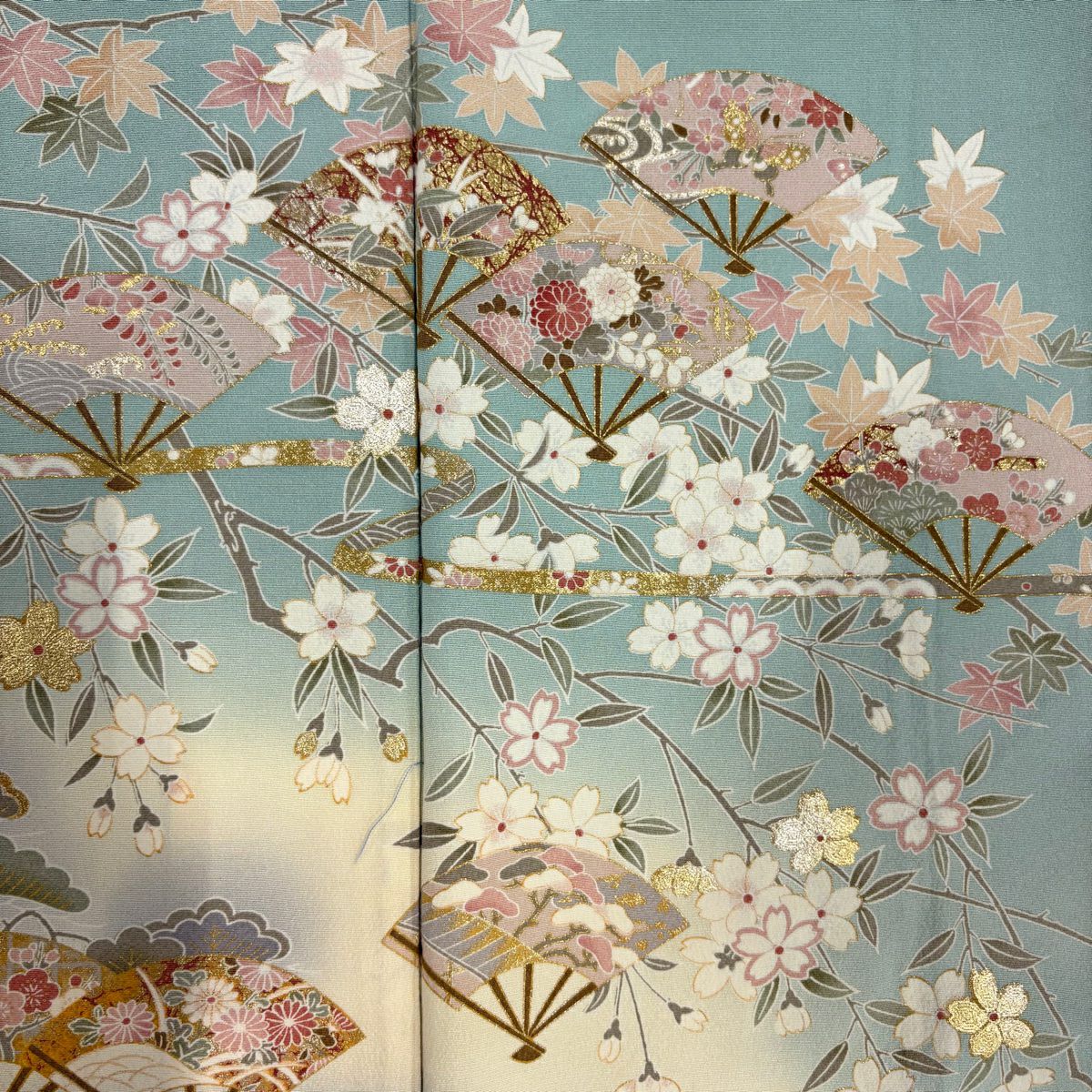 訪問服 身長156cm 袖長66cm M 雙層 扇子子 櫻花 金銀彩 漸層 水藍 純蠶絲 優品級