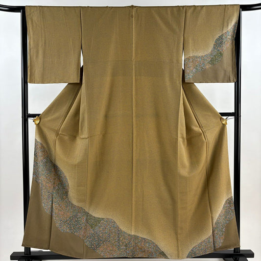 【美品】 付下 身長158cm 袖長65.5cm M 雙層 道長取 草花紋紋 漸層 黃土 純蠶絲 秀品級 一つ紋