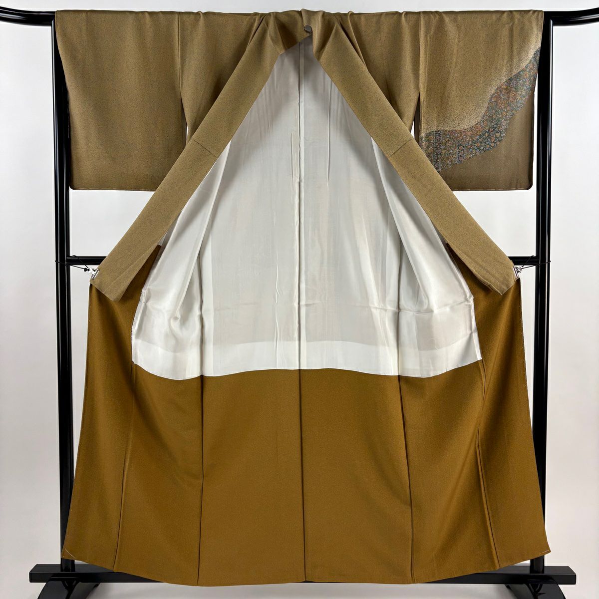 【美品】 付下 身長158cm 袖長65.5cm M 雙層 道長取 草花紋紋 漸層 黃土 純蠶絲 秀品級 一つ紋