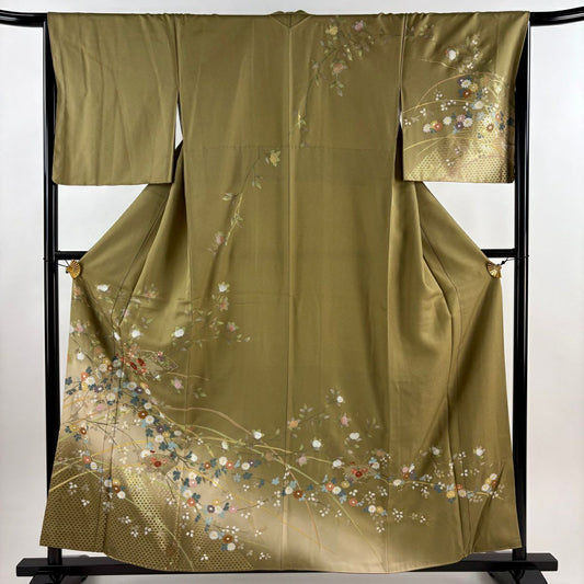 訪問服 身長157cm 袖長66cm M 雙層 草花紋紋 扇子面 金彩裝飾 刺繡 鶯 純蠶絲 秀品級