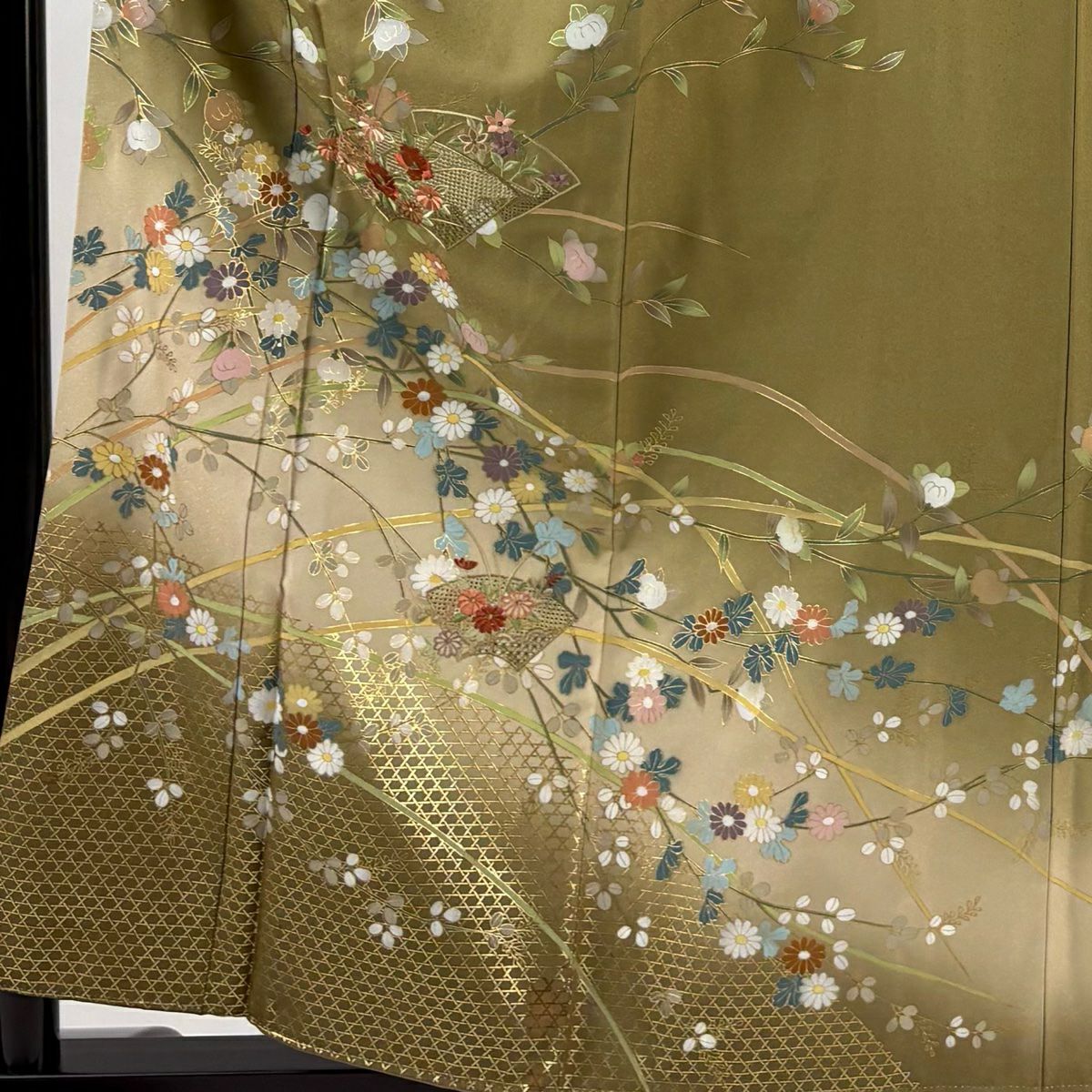 訪問服 身長157cm 袖長66cm M 雙層 草花紋紋 扇子面 金彩裝飾 刺繡 鶯 純蠶絲 秀品級