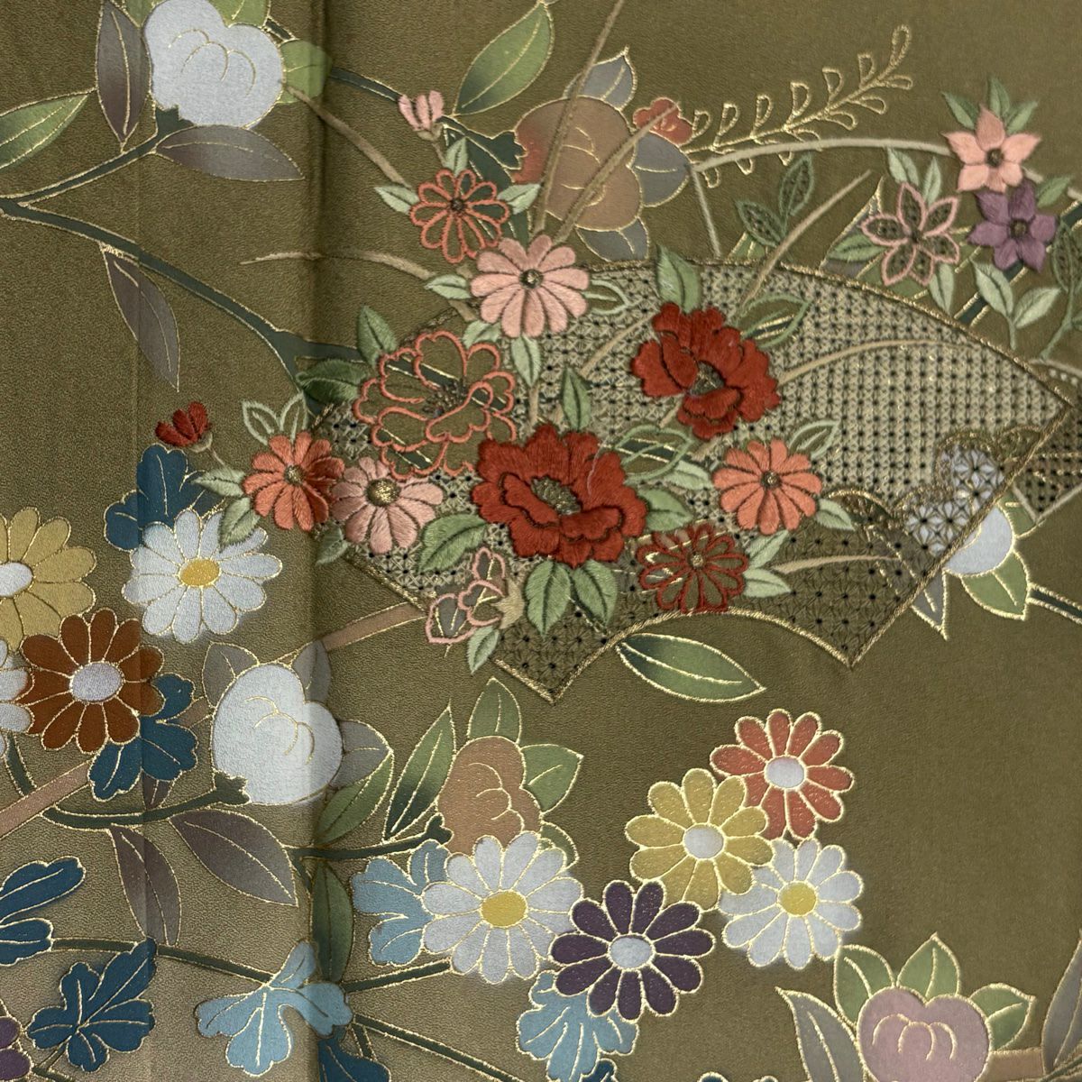 訪問服 身長157cm 袖長66cm M 雙層 草花紋紋 扇子面 金彩裝飾 刺繡 鶯 純蠶絲 秀品級