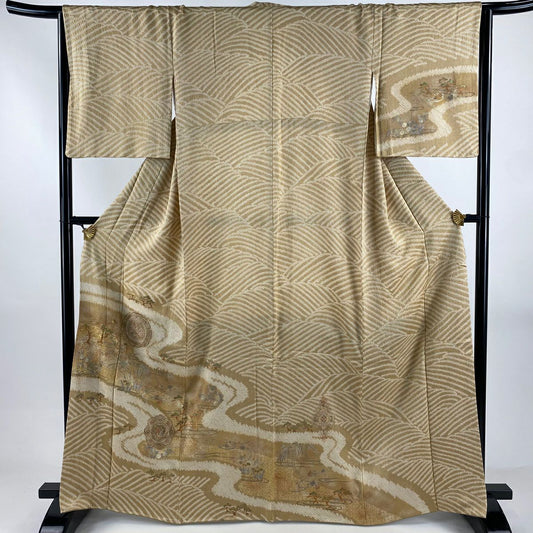 訪問服 身長165.5cm 袖長66cm M 雙層 鏡裏文 草花紋紋 刺繡 絞染 淺茶 純蠶絲 秀品級