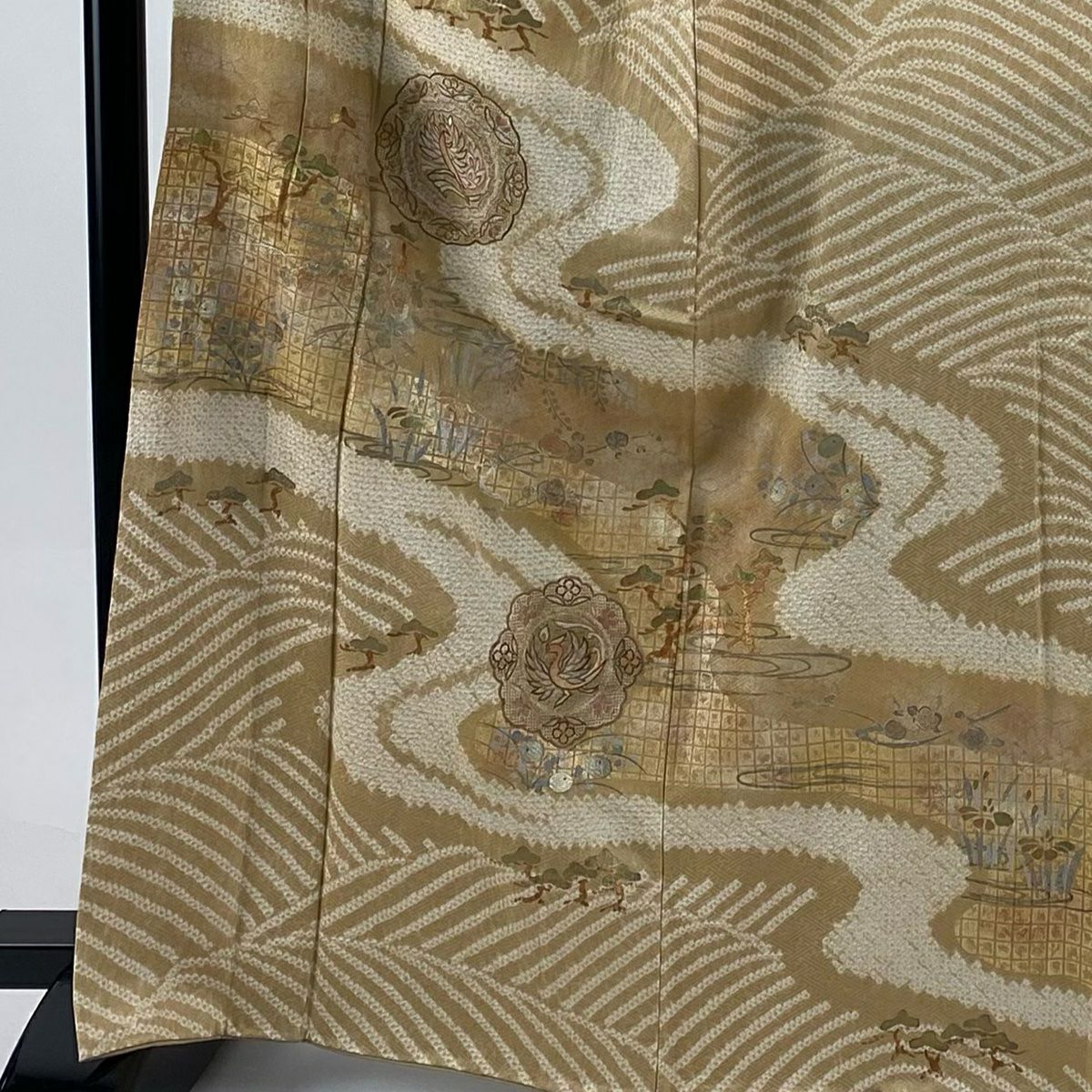 訪問服 身長165.5cm 袖長66cm M 雙層 鏡裏文 草花紋紋 刺繡 絞染 淺茶 純蠶絲 秀品級