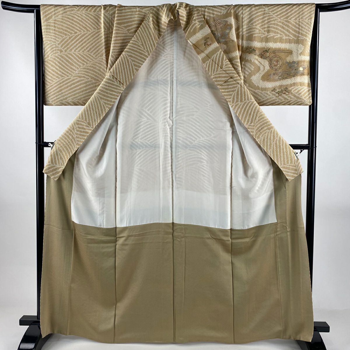 訪問服 身長165.5cm 袖長66cm M 雙層 鏡裏文 草花紋紋 刺繡 絞染 淺茶 純蠶絲 秀品級