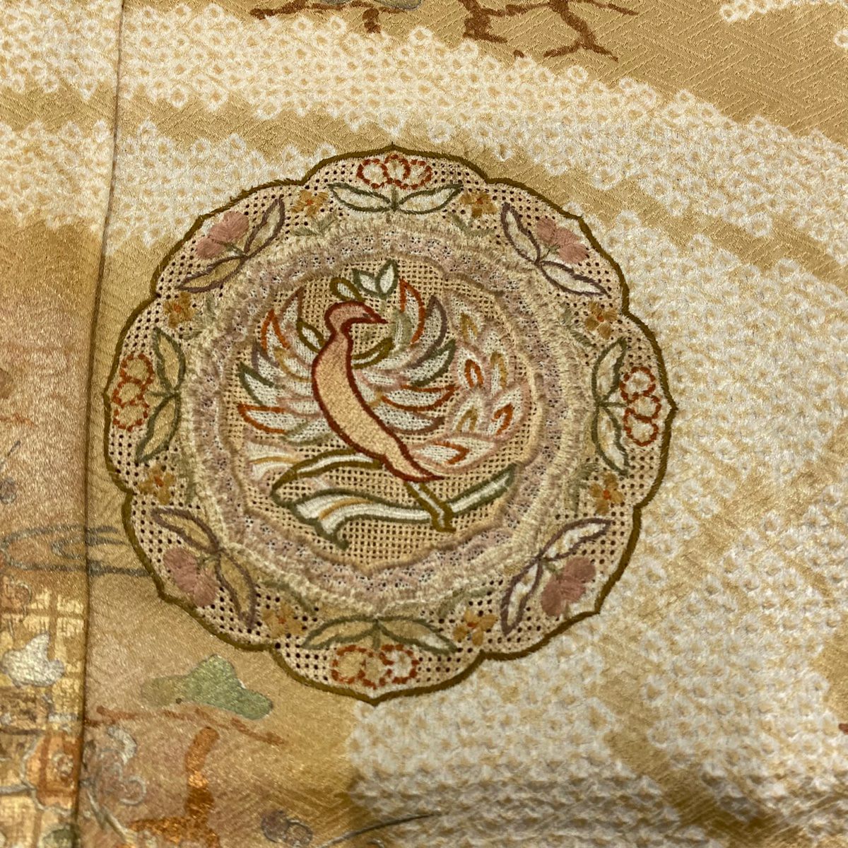 訪問服 身長165.5cm 袖長66cm M 雙層 鏡裏文 草花紋紋 刺繡 絞染 淺茶 純蠶絲 秀品級