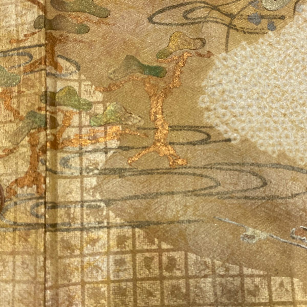 訪問服 身長165.5cm 袖長66cm M 雙層 鏡裏文 草花紋紋 刺繡 絞染 淺茶 純蠶絲 秀品級