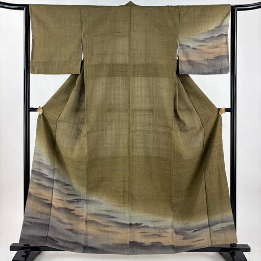 【美品】 付下 身長160.5cm 袖長63cm S 雙層 紬織織 霞 漸層 茶綠 純蠶絲 優品級