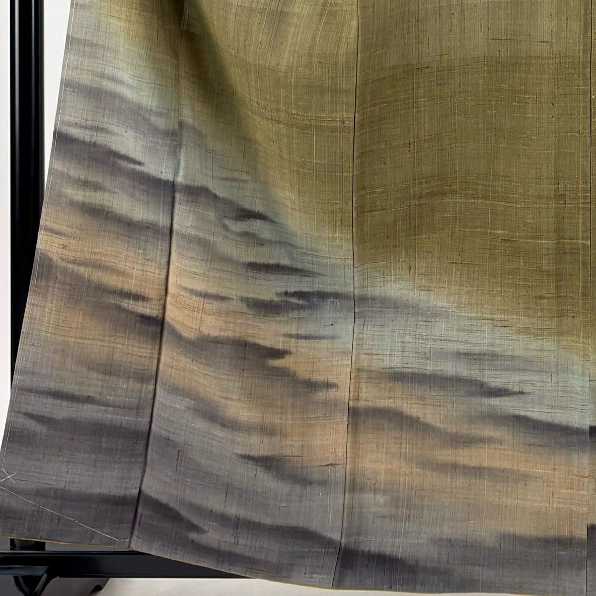 【美品】 付下 身長160.5cm 袖長63cm S 雙層 紬織織 霞 漸層 茶綠 純蠶絲 優品級