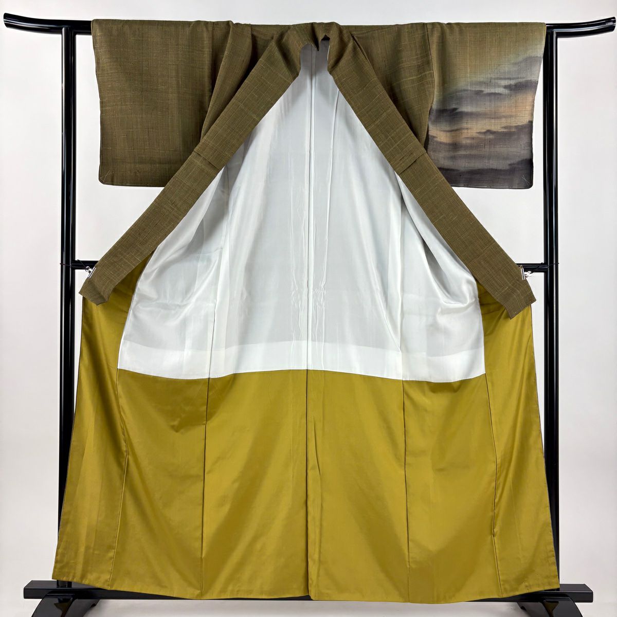 【美品】 付下 身長160.5cm 袖長63cm S 雙層 紬織織 霞 漸層 茶綠 純蠶絲 優品級