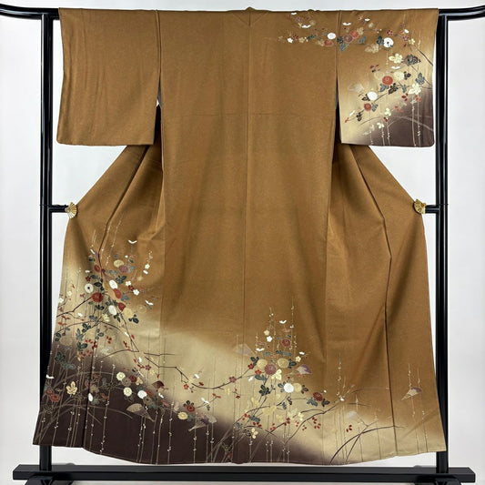 【美品】訪問服 身長154cm 袖長62cm S 雙層 菊花 扇子 金銀彩 漸層 茶 純蠶絲 秀品級