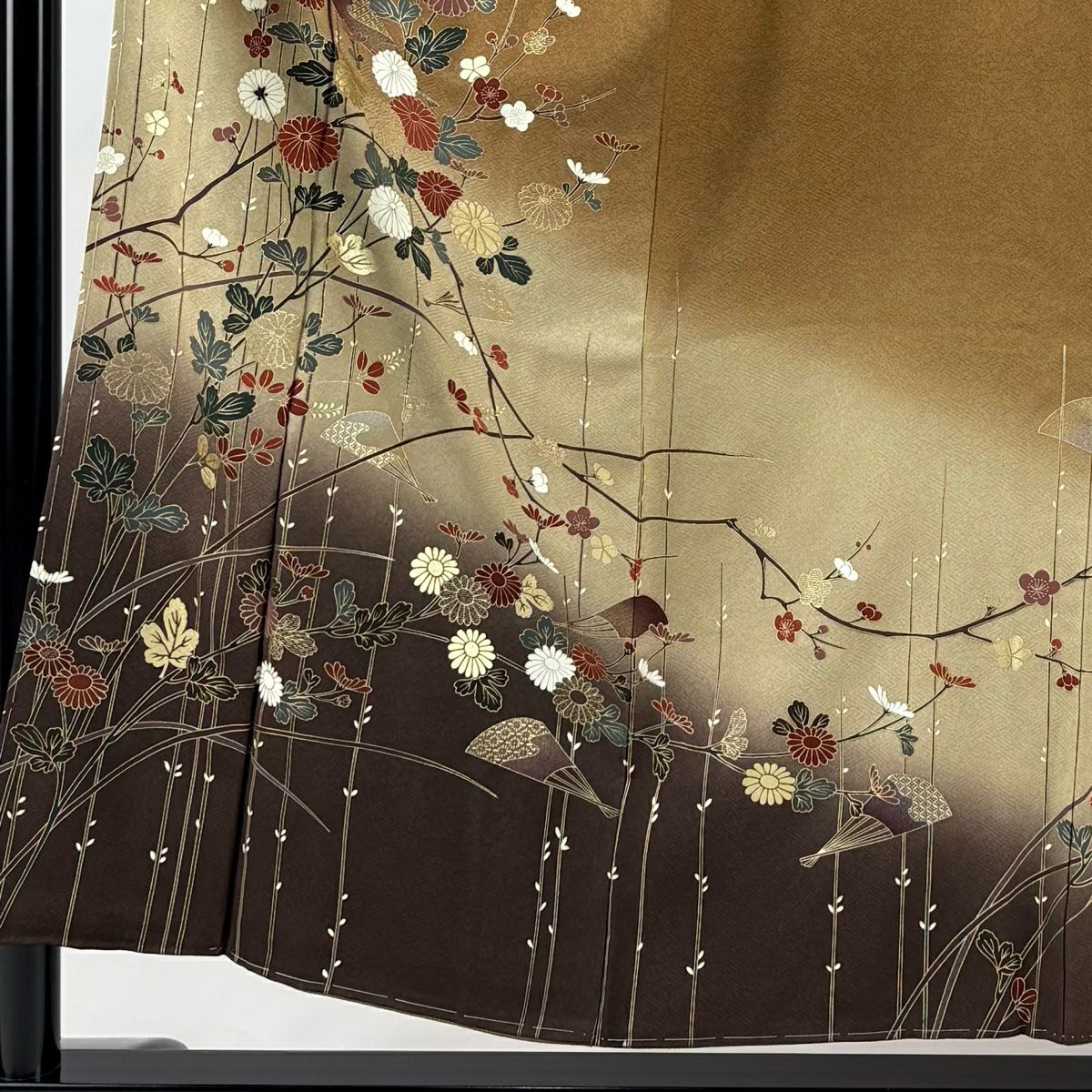 【美品】訪問服 身長154cm 袖長62cm S 雙層 菊花 扇子 金銀彩 漸層 茶 純蠶絲 秀品級