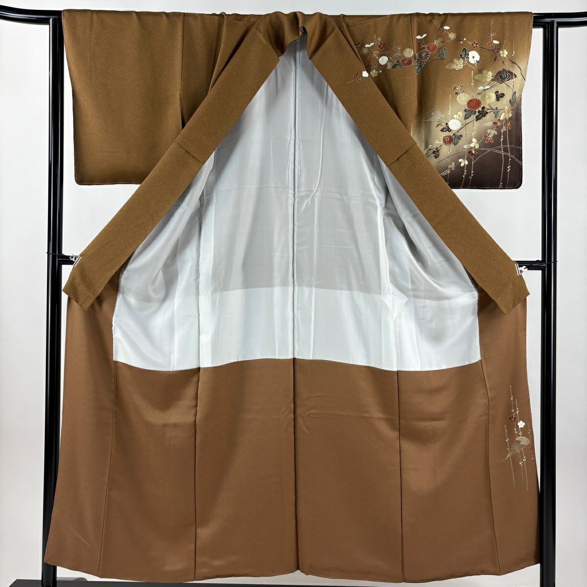 【美品】訪問服 身長154cm 袖長62cm S 雙層 菊花 扇子 金銀彩 漸層 茶 純蠶絲 秀品級