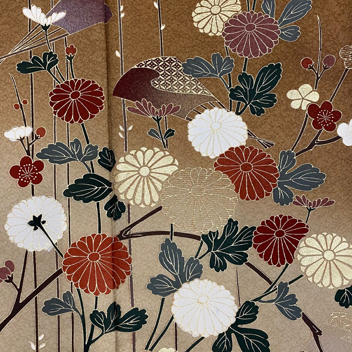 【美品】訪問服 身長154cm 袖長62cm S 雙層 菊花 扇子 金銀彩 漸層 茶 純蠶絲 秀品級