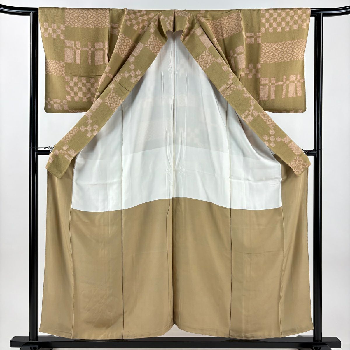 小紋 身長155.5cm 袖長62cm S 雙層 七寶紋 市松樹 絞緬 黃土 純蠶絲 秀品級