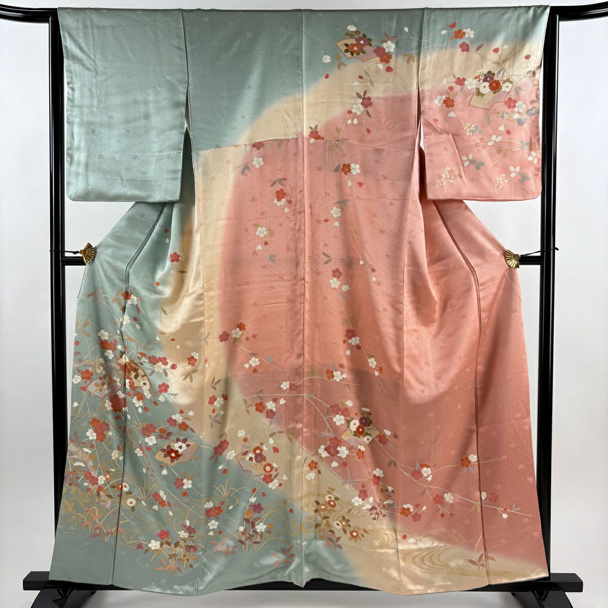 訪問服 身長157.5cm 袖長64cm M 雙層 扇子面 櫻花 金絲 金銀彩 灰綠 純蠶絲 秀品級