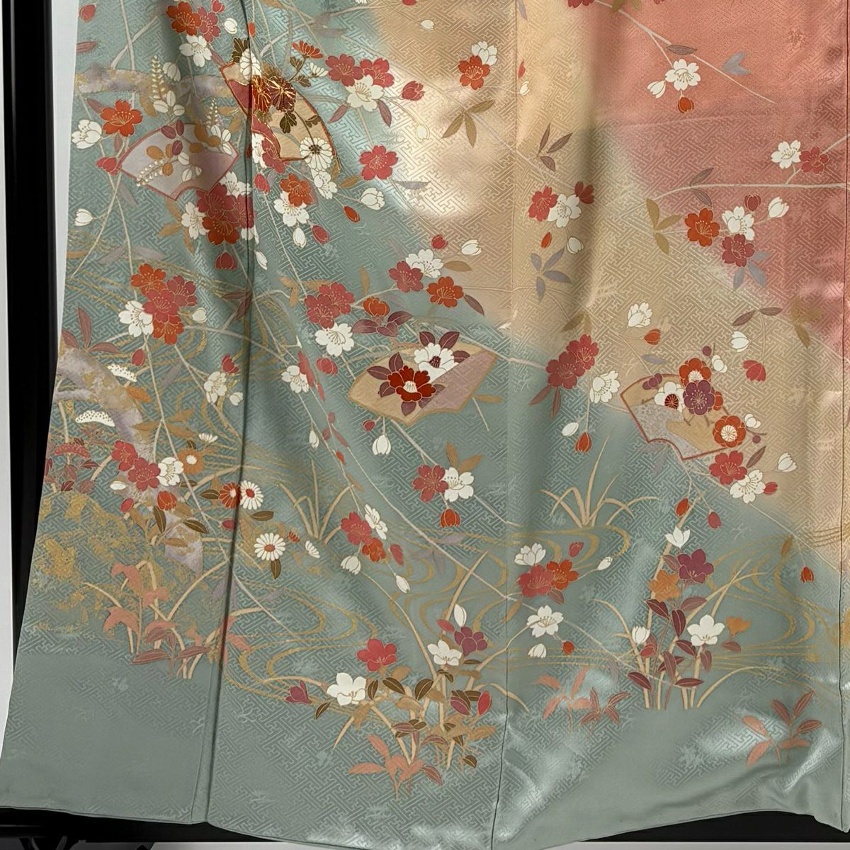 訪問服 身長157.5cm 袖長64cm M 雙層 扇子面 櫻花 金絲 金銀彩 灰綠 純蠶絲 秀品級