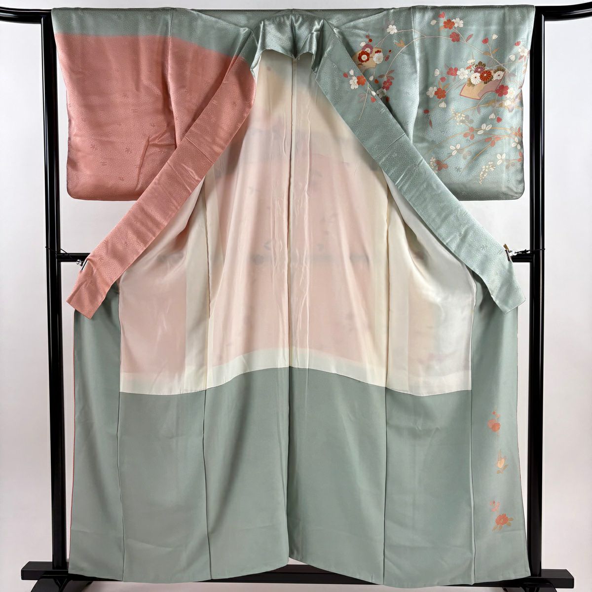訪問服 身長157.5cm 袖長64cm M 雙層 扇子面 櫻花 金絲 金銀彩 灰綠 純蠶絲 秀品級