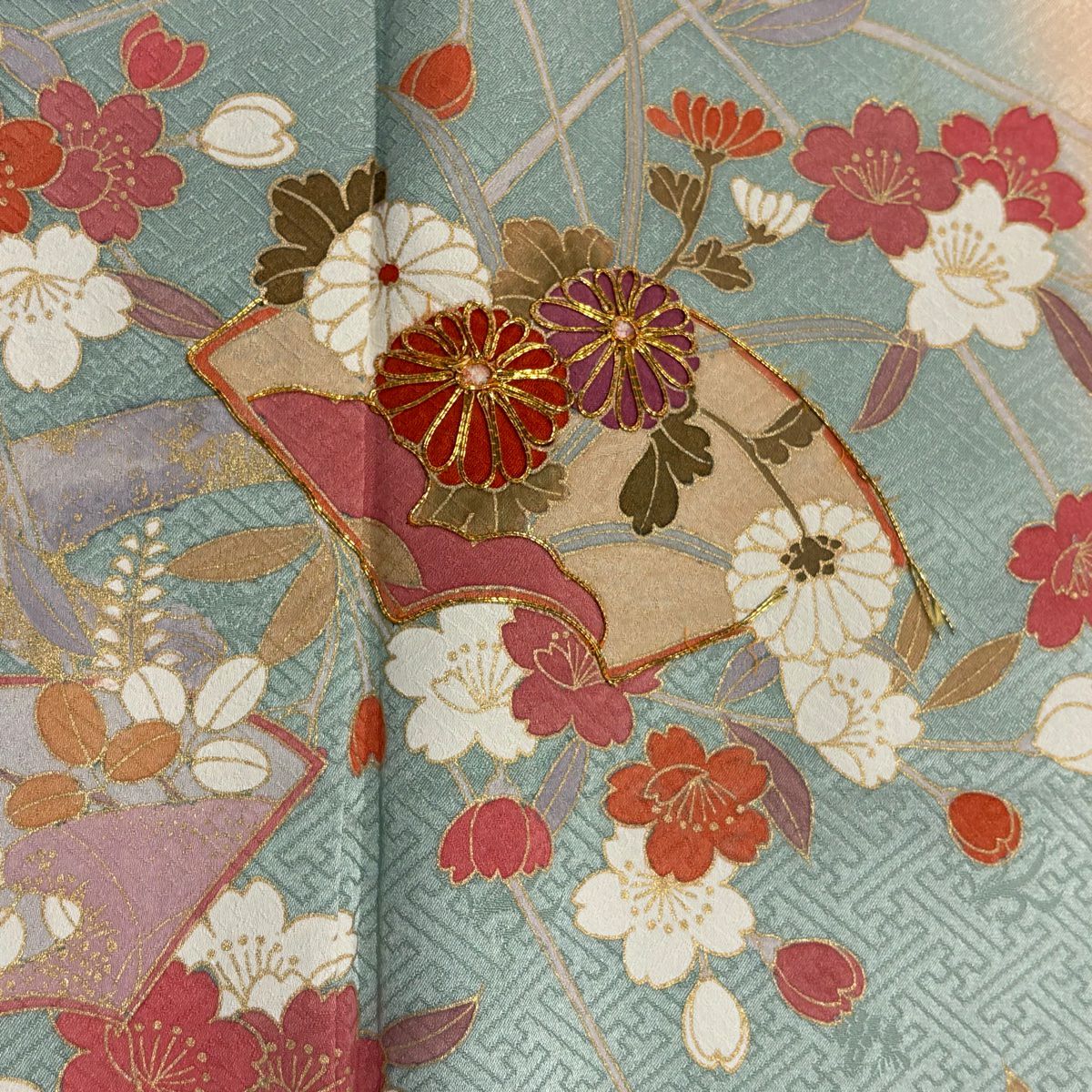 訪問服 身長157.5cm 袖長64cm M 雙層 扇子面 櫻花 金絲 金銀彩 灰綠 純蠶絲 秀品級