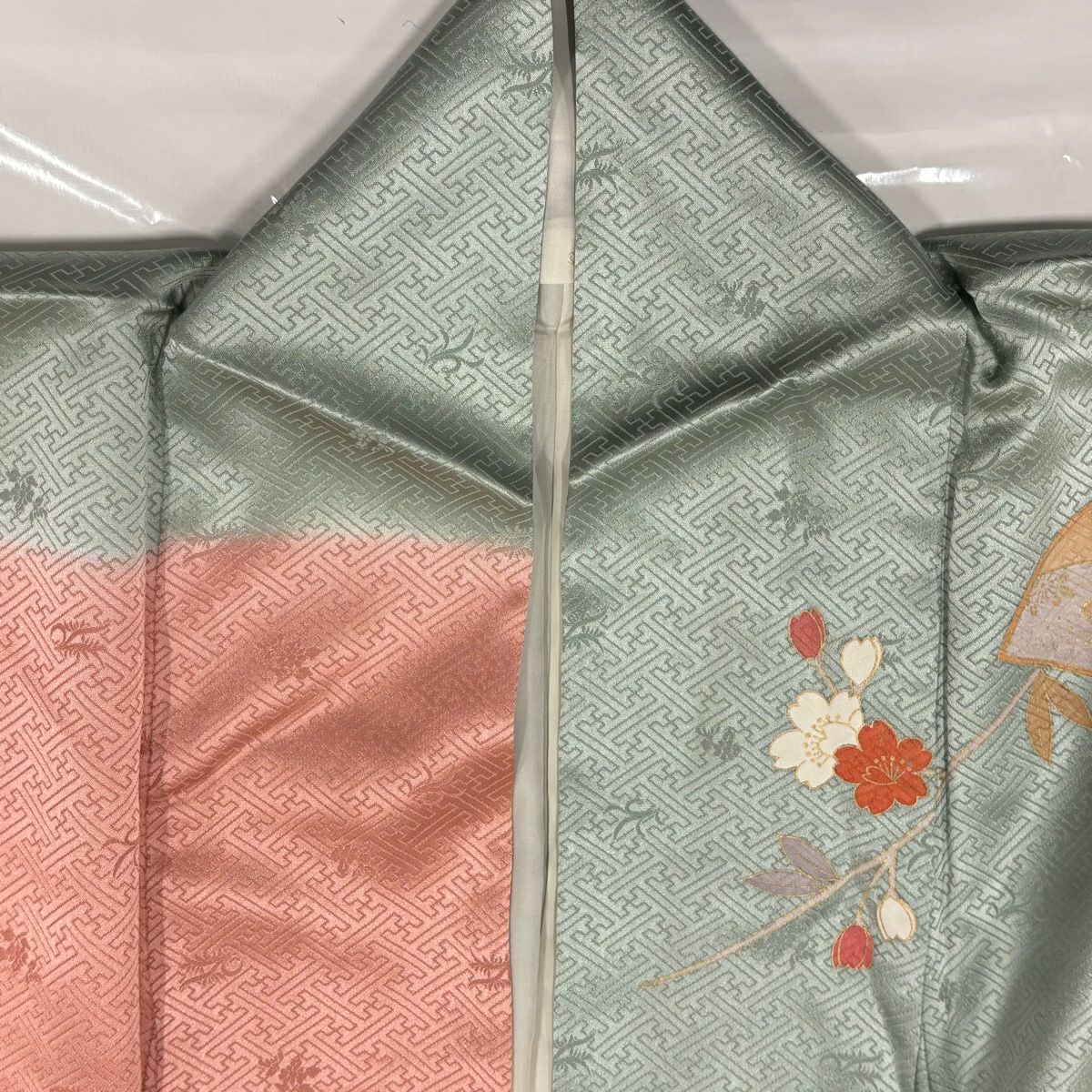 訪問服 身長157.5cm 袖長64cm M 雙層 扇子面 櫻花 金絲 金銀彩 灰綠 純蠶絲 秀品級