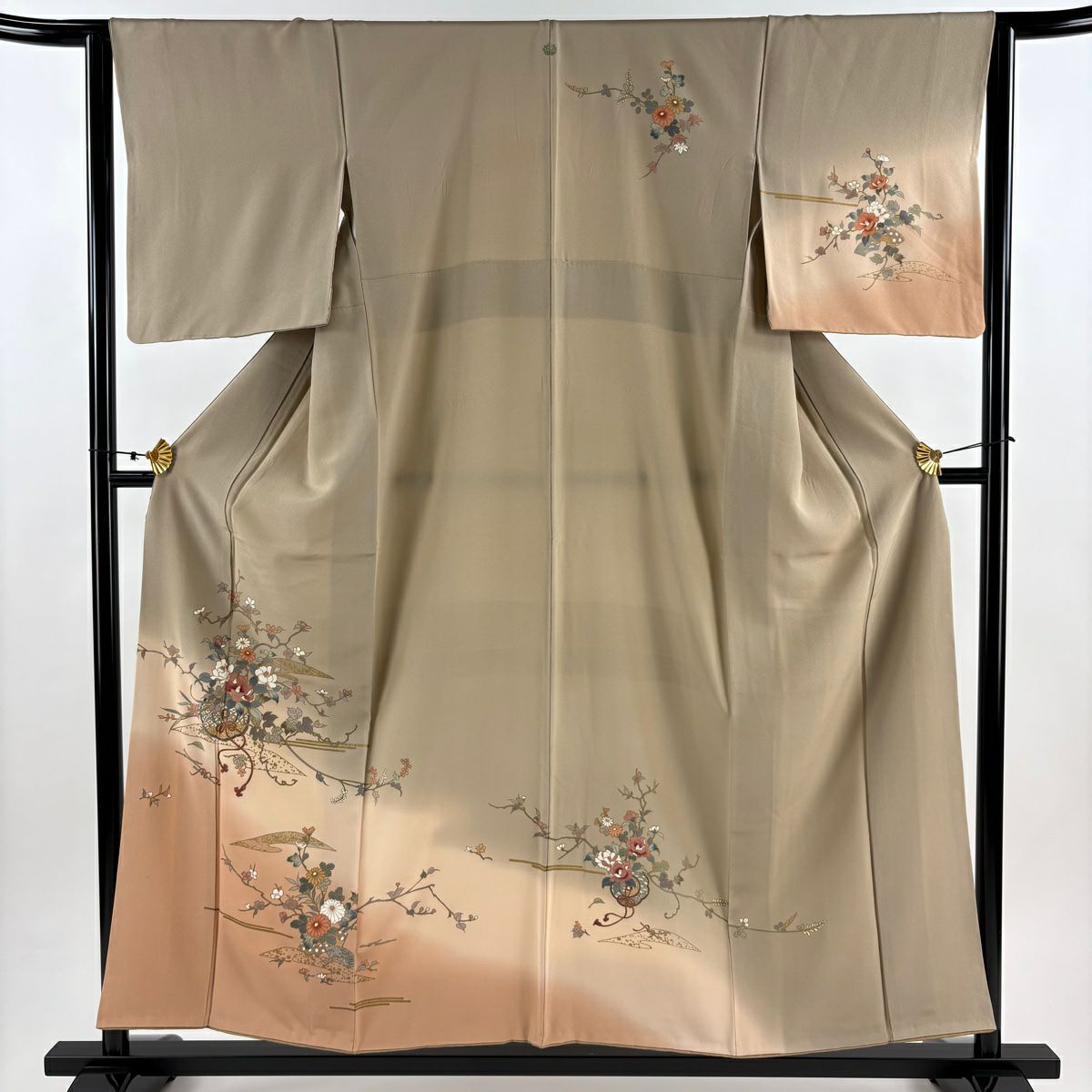 訪問服 身長155.5cm 袖長64cm M 雙層 草花紋紋 鏡裏文 金彩裝飾 染分 灰茶 純蠶絲 秀品級 一つ紋