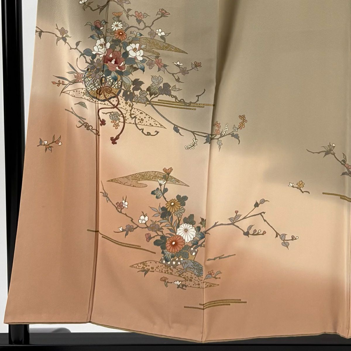 訪問服 身長155.5cm 袖長64cm M 雙層 草花紋紋 鏡裏文 金彩裝飾 染分 灰茶 純蠶絲 秀品級 一つ紋