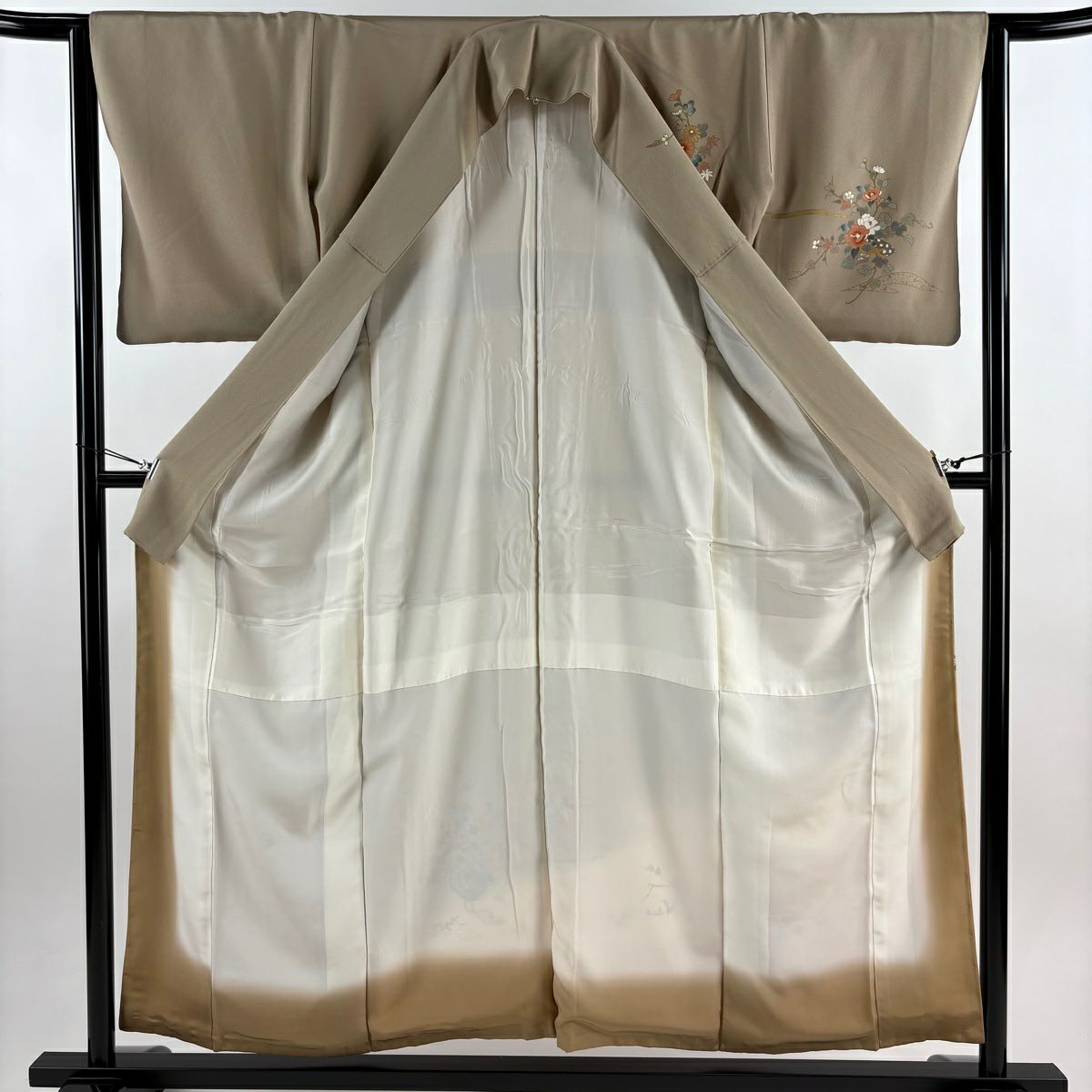 訪問服 身長155.5cm 袖長64cm M 雙層 草花紋紋 鏡裏文 金彩裝飾 染分 灰茶 純蠶絲 秀品級 一つ紋