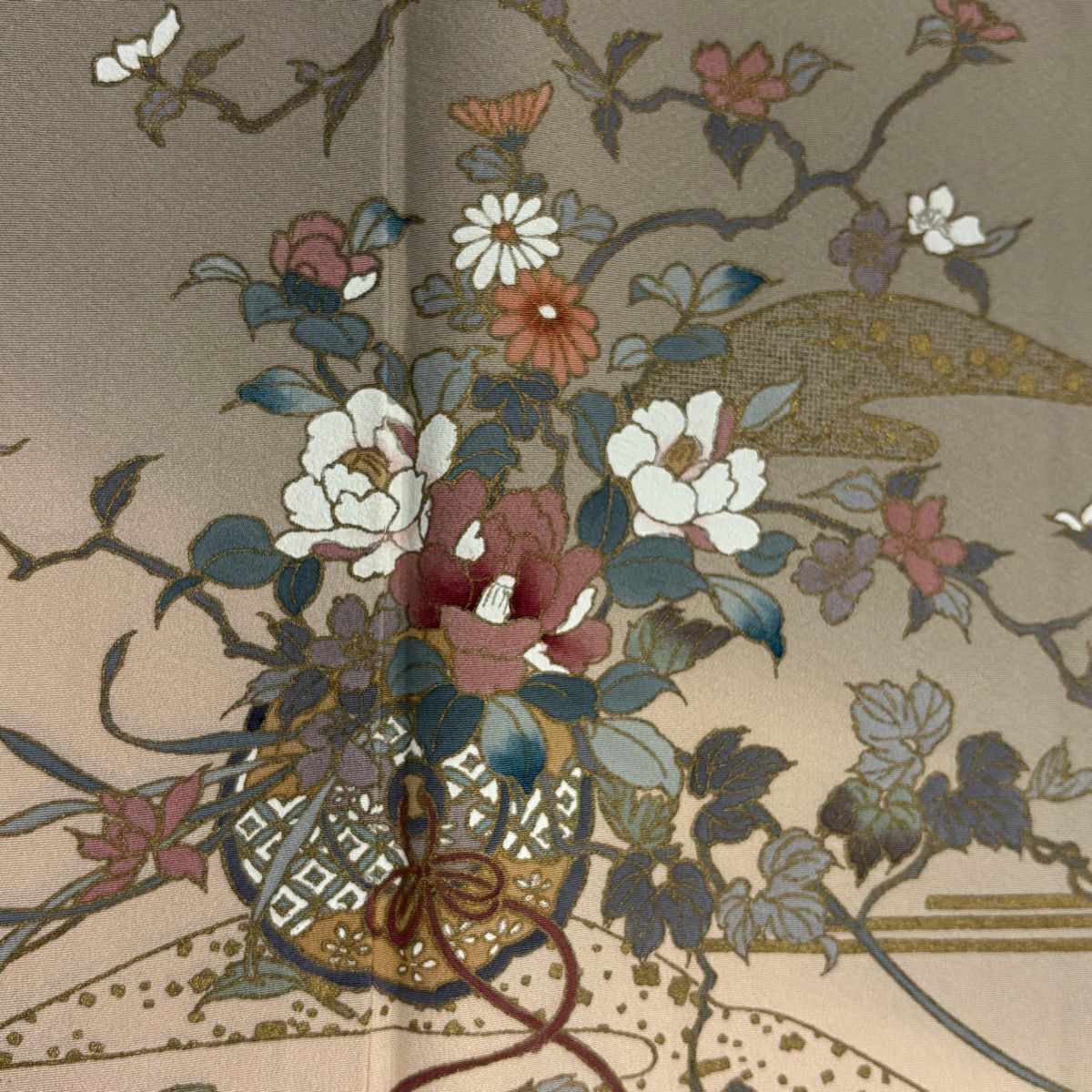 訪問服 身長155.5cm 袖長64cm M 雙層 草花紋紋 鏡裏文 金彩裝飾 染分 灰茶 純蠶絲 秀品級 一つ紋