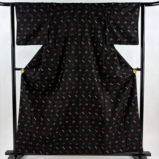 【美品】 紬織 身長159.5cm 袖長62cm S 雙層 燕 幾何圖案 墨色 純蠶絲 優品級