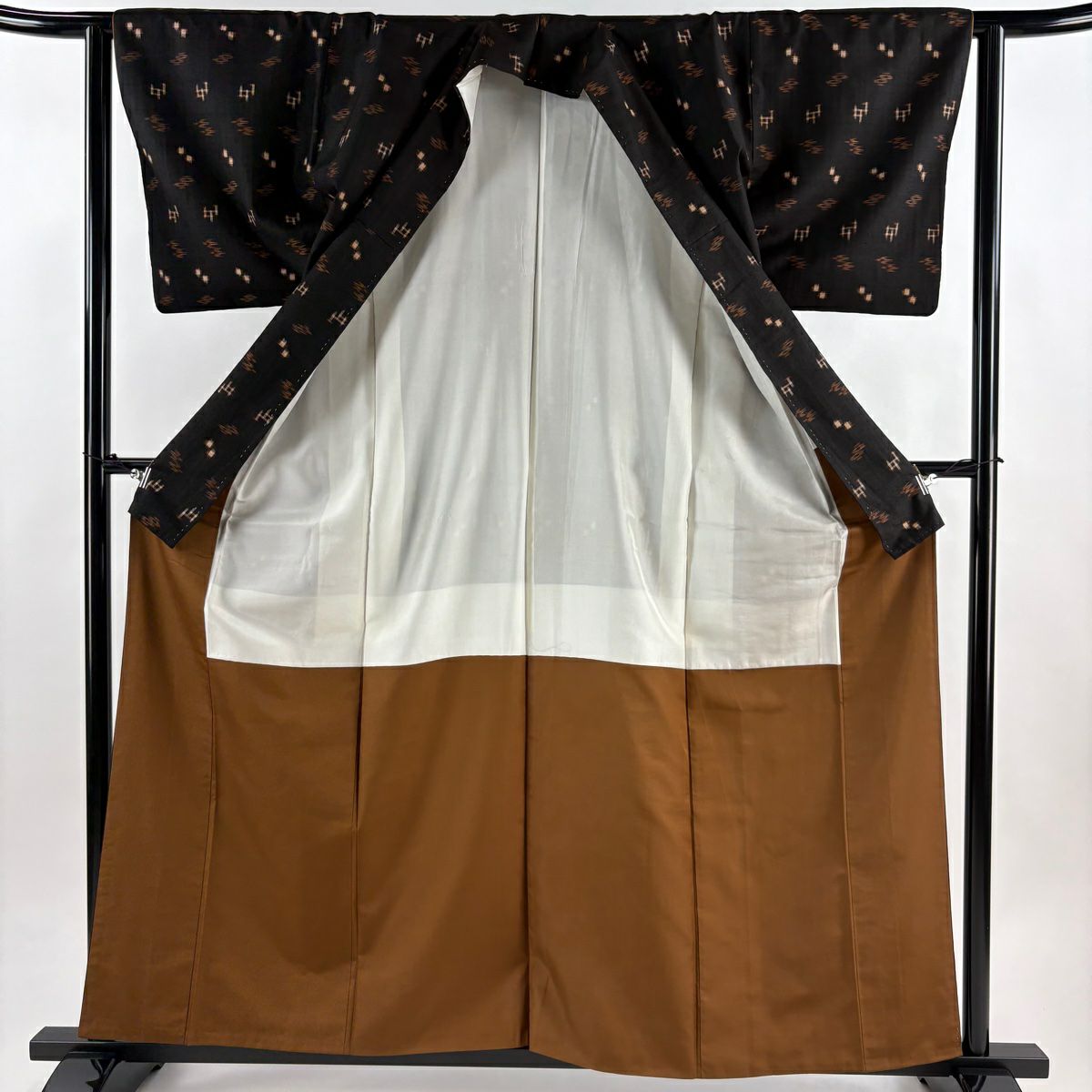 【美品】 紬織 身長159.5cm 袖長62cm S 雙層 燕 幾何圖案 墨色 純蠶絲 優品級