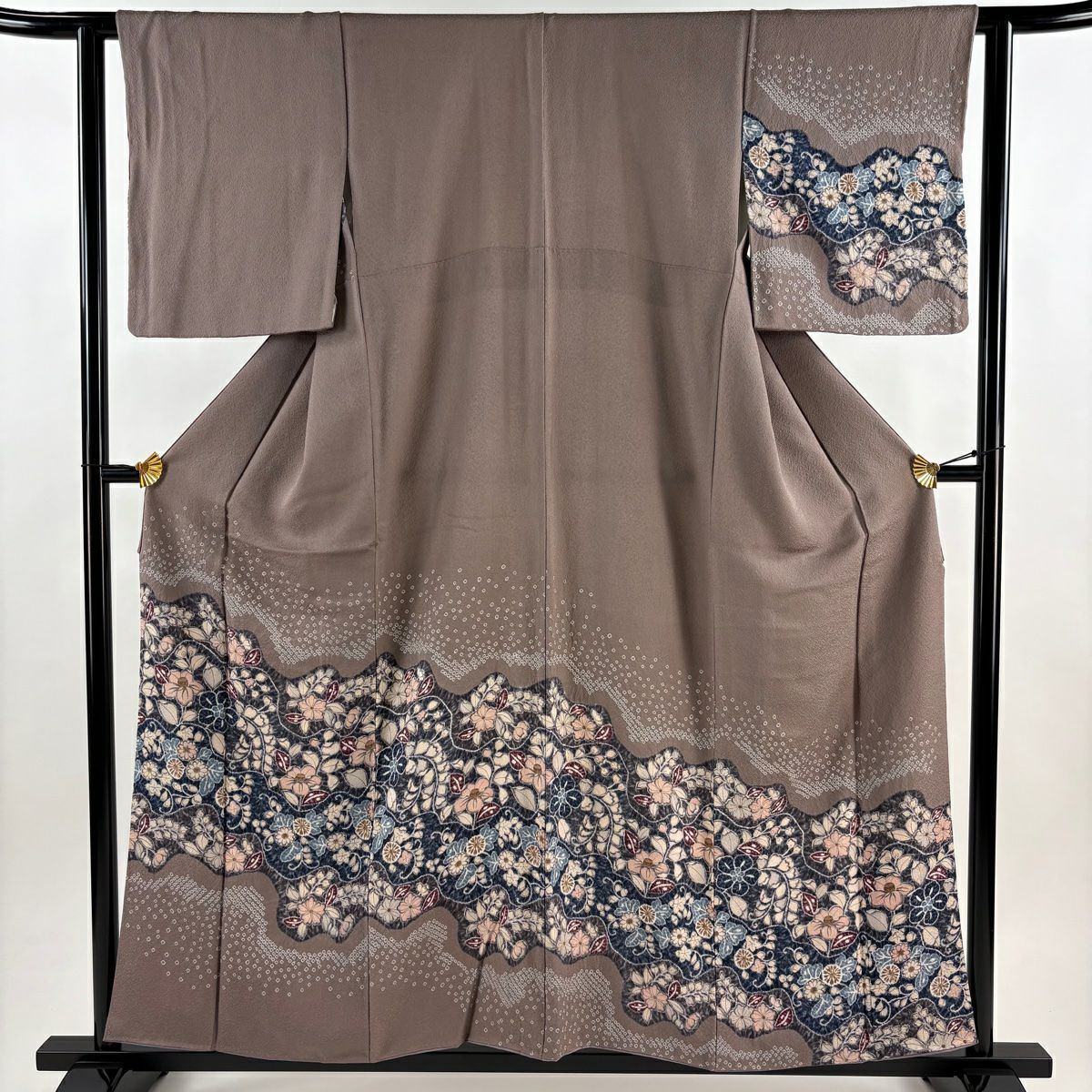 訪問服 身長157cm 袖長61.5cm S 雙層 草花紋紋 幾何學圖案 絞染 茶紫 純蠶絲 秀品級