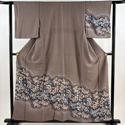 訪問服 身長157cm 袖長61.5cm S 雙層 草花紋紋 幾何學圖案 絞染 茶紫 純蠶絲 秀品級