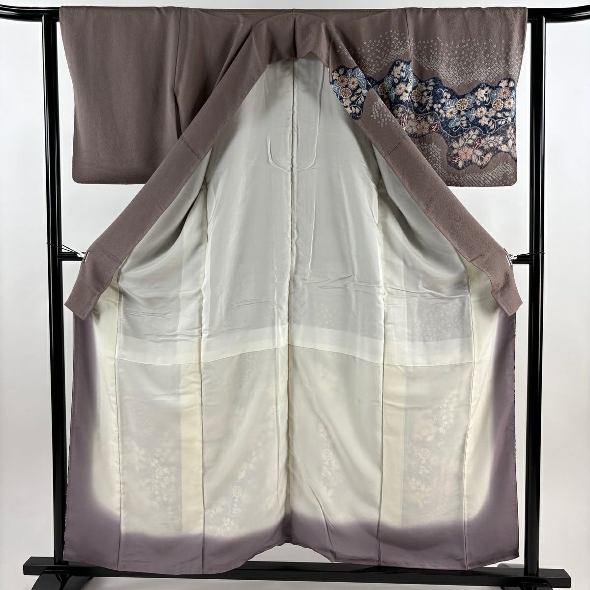 訪問服 身長157cm 袖長61.5cm S 雙層 草花紋紋 幾何學圖案 絞染 茶紫 純蠶絲 秀品級