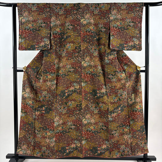 【美品】 小紋 身長157cm 袖長61.5cm S 雙層 落款あり 草花紋紋 有職文樣 縮緬 山吹茶 純蠶絲 秀品級