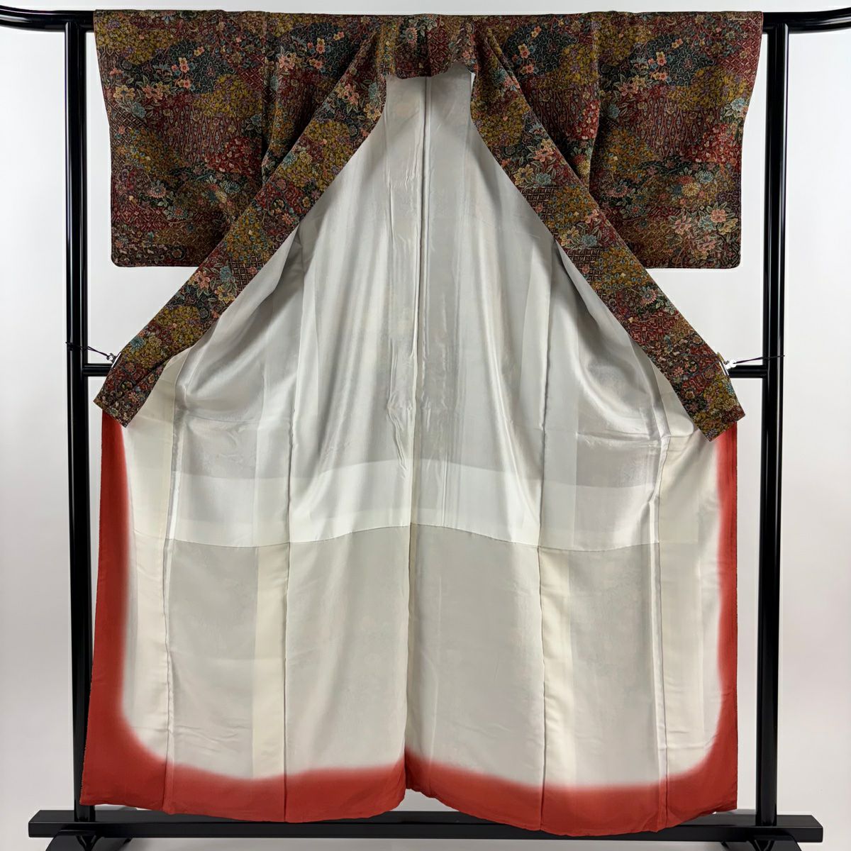 【美品】 小紋 身長157cm 袖長61.5cm S 雙層 落款あり 草花紋紋 有職文樣 縮緬 山吹茶 純蠶絲 秀品級