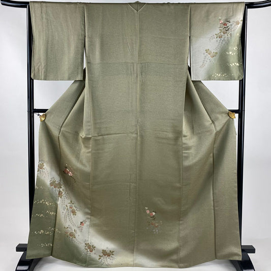 付下 身長166.5cm 袖長64.5cm M 雙層 雪輪 草花紋紋 金銀彩 刺繡 茶綠 純蠶絲 秀品級