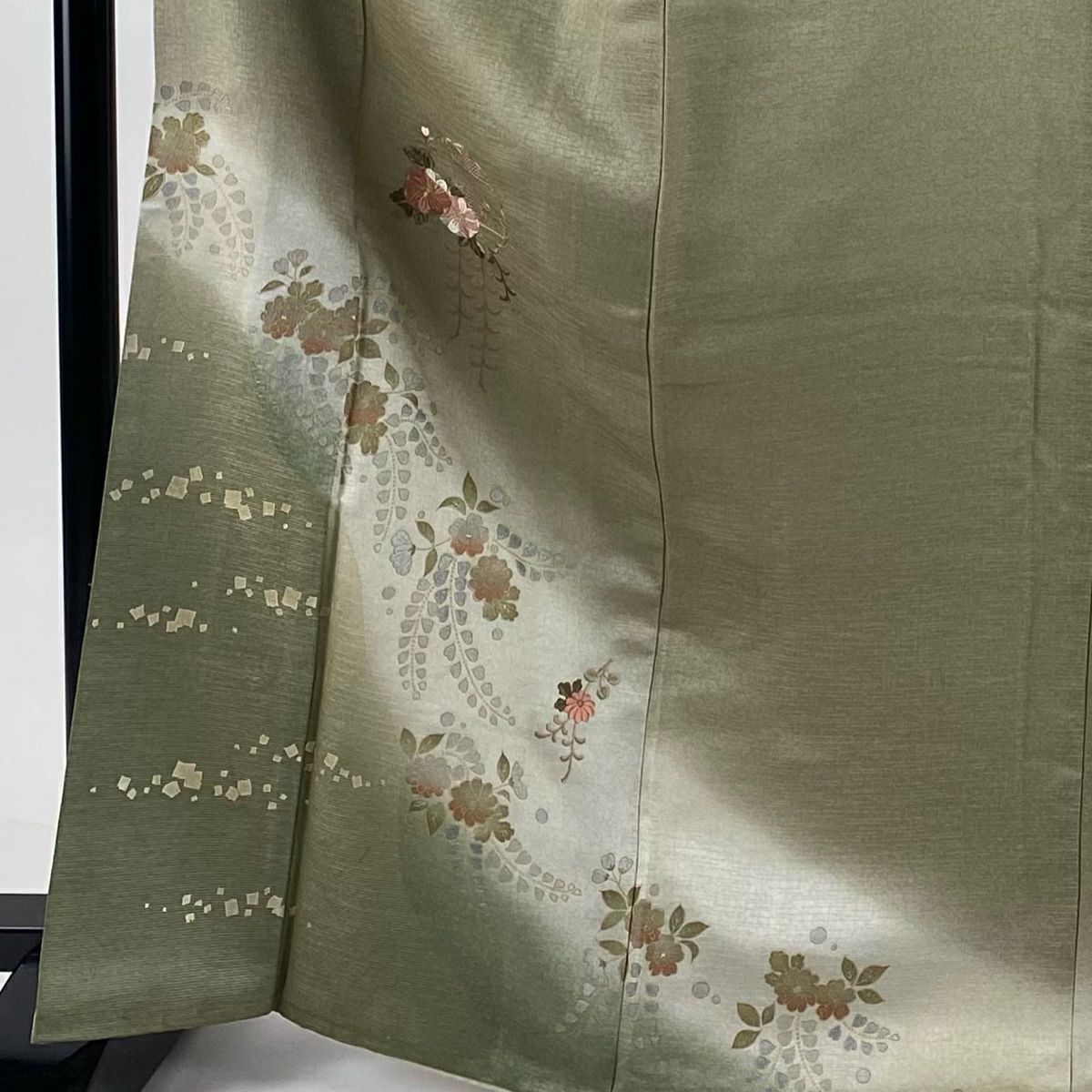 付下 身長166.5cm 袖長64.5cm M 雙層 雪輪 草花紋紋 金銀彩 刺繡 茶綠 純蠶絲 秀品級